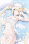  1girl arm_garter arm_up armpits babydoll bare_shoulders blonde_hair blue_eyes breasts closed_mouth feathered_wings feathers frilled_panties frills garter_straps halo hand_up highres kira_(kira78718520) long_hair looking_at_viewer lying medium_breasts mini_wings nail_polish navel on_back one_eye_closed original panties pillow see-through sleep_mask solo spaghetti_strap stomach thighs twintails underwear very_long_hair white_panties wings 
