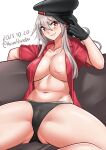  1girl absurdres black_gloves black_headwear black_panties breasts commentary_request couch dated gangut_(kancolle) gloves grey_hair hat highres kantai_collection katou_shinobu large_breasts long_hair navel one-hour_drawing_challenge open_clothes open_shirt panties peaked_cap red_eyes red_shirt scar scar_on_breast scar_on_cheek scar_on_face shirt short_sleeves solo twitter_username underwear 