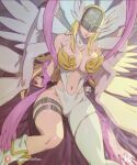  1girl angel_wings angewomon arm_support artist_name arttoru ass_visible_through_thighs asymmetrical_clothes bare_shoulders blonde_hair boots breasts cameltoe cleavage closed_mouth clothing_cutout commentary covered_eyes digimon digimon_(creature) digimon_adventure gloves helmet helmet_over_eyes highres knee_boots large_breasts leotard lips long_hair looking_at_viewer multiple_wings navel navel_cutout patreon_username shiny_skin simple_background single_glove skin_tight smile solo stomach symbol-only_commentary thigh_strap thighs web_address white_footwear white_gloves winged_helmet wings 