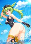  1girl ass bare_shoulders beret black_one-piece_swimsuit blue_sky blush breasts bright_pupils cleavage cleavage_cutout clothing_cutout cloud fate/grand_order fate_(series) gloves green_hair guriguri_(arayotto4351) hat head_wings highleg highleg_swimsuit large_breasts long_hair looking_at_viewer olrun_(fate) one-piece_swimsuit one_eye_closed open_mouth red_eyes sandals sideboob sky sleeveless smile solo sunlight swimsuit thigh_strap thighs twintails valkyrie_(fate) water white_pupils wings 