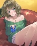  1girl bare_shoulders between_legs blue_eyes blush bra bra_strap breasts cleavage closed_mouth collarbone cup green_eyes green_hair green_ribbon green_shirt hand_between_legs hand_up heterochromia holding holding_cup idolmaster idolmaster_cinderella_girls idolmaster_cinderella_girls_starlight_stage jewelry kawaty knees_up looking_at_viewer medium_breasts mole mole_under_eye necklace off-shoulder_shirt off_shoulder on_chair ribbon shirt short_hair shorts sitting smile solo takagaki_kaede underwear white_bra white_shorts 