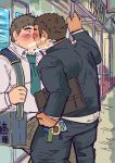  2boys bara blush brown_hair carrying carrying_under_arm collared_shirt couple dark-skinned_male dark_skin doromizu_(doromiez) feet_out_of_frame formal from_side gakuran green_necktie interracial kiss male_focus multiple_boys necktie original salaryman school_uniform shirt short_hair shy sideburns sketch suit surprise_kiss surprised thick_eyebrows train_interior wide-eyed yaoi 