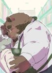  2023 absurd_res anthro apron bear black_nose blush brown_body canid canine canis clothing duo eyewear glasses hi_res humanoid_hands kemono male mammal overweight overweight_male shirt surprise tachiuo topwear wolf 