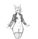  anthro breast_squish breasts breasts_frottage chest_tuft clothed clothing digital_media_(artwork) felid feline felis female fur genitals hair hi_res inner_ear_fluff jacket legwear long_socks lynx mammal monochrome navel nipples nude partially_clothed pussy short_tail simple_background sketch smug solo squigor squish standing stockings tail topwear tuft white_background 
