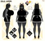  anubian_jackal black_hair breasts canid canine canis clothing english_text footwear gynomorph hair hi_res high_heels intersex jackal jewelry mammal model_sheet piercing razplus rhaja_aaruna tail text tongue yellow_eyes 