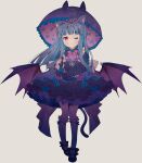  1girl :o absurdres animal_ear_fluff animal_ears animal_print back_bow blue_hair blush bow bowtie cat_ear_umbrella cat_ears cat_print cat_tail commentary cross-laced_clothes cross-laced_sleeves demon_wings dot_nose dress flower frilled_dress frilled_umbrella frilled_wristband frills highres holding holding_umbrella idolmaster idolmaster_cinderella_girls long_hair long_sleeves looking_at_viewer low_wings michii_yuuki one_eye_closed pink_bow pink_bowtie purple_dress purple_flower purple_rose purple_umbrella red_eyes rose sajo_yukimi shoes sidelocks socks solo standing tail tiara umbrella wings 