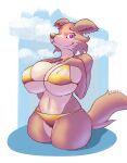  2023 anthro beastars big_breasts bikini bikini_bottom bikini_top blush breasts brown_body brown_fur canid canine canis cleavage clothed clothing digital_media_(artwork) female fur gold_bikini gold_clothing gold_swimwear golden_week hair hand_on_breast hi_res huge_breasts juno_(beastars) looking_at_viewer mammal navel nipple_outline purple_eyes randt seaside simple_background smile solo standing swimwear thick_thighs tight_clothing tight_topwear tight_underwear topwear water white_body white_fur wolf 