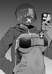  1girl absurdres bikini breasts cellphone cellphone_charm charm_(object) dark-skinned_female dark_skin earrings eyepatch_bikini greyscale gyaru hair_over_one_eye hand_on_own_hip highres holding holding_phone jewelry large_breasts looking_at_viewer mask monochrome mouth_mask navel original partially_colored phone short_hair shrug_(clothing) smartphone solo stomach stud_earrings swimsuit underboob upper_body user_tzwh8375 yellow_eyes 