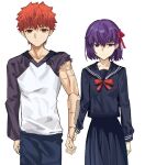  1boy 1girl black_serafuku black_shirt black_skirt breasts brown_eyes denim emiya_shirou fate/stay_night fate_(series) hair_between_eyes holding_hands jeans long_sleeves matou_sakura medium_hair neck_ribbon orange_hair pants prosthesis prosthetic_arm purple_eyes purple_hair raglan_sleeves red_ribbon ribbon school_uniform serafuku shirt short_hair simple_background skirt small_breasts standing torn_clothes torn_shirt user_cekp8748 white_background 