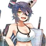  1girl bikini breasts cleavage collarbone eyepatch headgear itomugi-kun kantai_collection large_breasts looking_at_viewer machinery open_mouth purple_hair rigging short_hair simple_background smile solo swimsuit tenryuu_(kancolle) upper_body white_background white_bikini yellow_eyes 