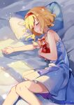  1girl absurdres ailu_elf alice_margatroid bed_sheet blonde_hair blush chinese_commentary closed_eyes dress feet_out_of_frame hairband highres hourai_doll lying on_side open_mouth pillow red_hairband short_hair solo touhou white_dress 