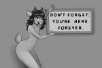  air_freshener anthro black_hair bovid breasts caprine ear_piercing ear_ring ear_stud english_text female goat greyscale hair hi_res looking_at_viewer mammal medium_breasts medium_hair monochrome nude olivepanda open_mouth piercing ring_piercing scut_tail short_tail sign signature simple_background solo tail text the_simpsons 