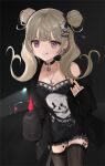  1girl 91_(9_il1) :q absurdres alternate_costume black_choker black_jacket black_nails black_thighhighs blonde_hair choker cross cross_necklace double_bun ghost_hair_ornament hair_bun hair_ornament highres jacket jewelry long_hair necklace nijisanji nijisanji_en open_clothes open_jacket purple_eyes reimu_endou ring solo thighhighs tongue tongue_out virtual_youtuber x_hair_ornament 