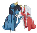  2girls blue_skin breasts colored_skin demon_girl forked_tongue horns large_breasts m_k medium_breasts multiple_girls nude original pointy_ears red_skin tongue tongue_out yuri 