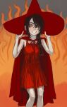  1girl black_hair braid cape chainsaw_man dress fiery_background fire grin hair_over_shoulder hat highres long_hair looking_at_viewer mossacannibalis nayuta_(chainsaw_man) orange_eyes red_cape red_dress red_headwear ringed_eyes single_braid smile solo teeth witch_hat 