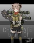  1girl absurdres ammunition_pouch artist_name bangs belgian_flag black_gloves black_skirt blush brown_gloves brown_shirt brown_vest bullpup camouflage camouflage_shirt character_name closed_mouth commentary_request dated desert_camouflage double_bun emoji english_text fn_herstal girls&#039;_frontline gloves gradient_background grey_background grey_thighhighs gun hair_bun hair_ornament hand_up headset highres holding holding_gun holding_weapon kanji knee_pads kochiya_tenko letterboxed light_brown_hair load_bearing_equipment load_bearing_vest logo looking_at_viewer military miniskirt no_eyewear p90 p90_(girls&#039;_frontline) pixiv_username pouch product_placement red_eyes rocket_launcher romaji_text shirt skirt sleeves_rolled_up smaw smile smoke_grenade snap-fit_buckle solo submachine_gun tactical_clothes thigh_pouch thighhighs tsurime two-tone_gloves vest watch weapon weapon_name weapon_on_back wristwatch 