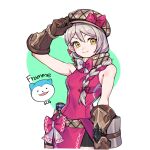  1girl bare_shoulders bow braid breasts character_name commentary fire_emblem fire_emblem_engage framme_(fire_emblem) gloves grey_hair hat hat_bow long_hair looking_at_viewer pink_bow scarf silvercandy_gum simple_background single_braid sleeveless small_breasts smile solo sommie_(fire_emblem) yellow_eyes 