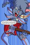  2021 6-string_guitar anthro blue_background buckteeth chance_the_rabbit comic dark_body dark_fur divine_acid ears_tied_back english_text front_view fur green_eyes green_hairband grey_body grey_fur grey_hair hair hi_res inside lagomorph leporid lordmarukio magical_boy_theme magical_girl_outfit male mammal pattern_background rabbit simple_background solo striped_background teeth text 