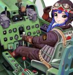 1girl a6m_zero ace_akira asian blue_hair cockpit commentary_request gloves goggles hachimaki headband imperial_japanese_navy japanese_flag kamikaze_pilot life_vest looking_at_viewer looking_to_the_side oekaki pilot pilot_helmet pilot_suit piloting salute seatbelt the_cockpit turning_head vest watch world_war_ii wristwatch 