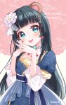  1girl absurdres animal_ears bear_ears black_hair blue_dress blue_eyes blue_gemstone blunt_bangs blush commission dress earrings fake_animal_ears gem highres indie_virtual_youtuber jewelry kuzumochi long_hair open_mouth sakinyo skeb_commission smile solo 