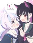  ! 2girls absurdres ahoge animal_ears black_choker black_hair black_jacket black_neckerchief blue_archive blush cat_ears cellphone choker colored_inner_hair fang green_sailor_collar grey_serafuku hair_ornament hairclip halo highres holding holding_phone hood hooded_jacket jacket kazusa_(blue_archive) long_hair long_sleeves mesushio multicolored_hair multiple_girls neckerchief open_clothes open_jacket open_mouth phone pink_hair pink_halo purple_eyes purple_hair red_eyes reisa_(blue_archive) sailor_collar school_uniform serafuku short_hair simple_background smartphone smile spoken_exclamation_mark twintails white_background white_sailor_collar 