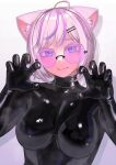  absurdres ahoge animal_ears black_bodysuit blue_eyes bodysuit breasts cat_ears claw_pose glasses highres kilye_kairi latex latex_bodysuit medium_breasts original pink-tinted_eyewear pink_hair short_hair skin_tight tinted_eyewear turtleneck upper_body 