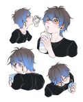  1boy bangs black_shirt blue_hair chinese_commentary cup disposable_cup drinking_straw drinking_straw_in_mouth earrings fouqi from_behind from_side glass_bottle glasses gradient_hair grey_hair hair_between_eyes ike_eveland jewelry juice_box looking_at_viewer male_focus milk_carton multicolored_hair multiple_views nijisanji nijisanji_en shirt short_hair simple_background solo upper_body virtual_youtuber white_background yellow_eyes 