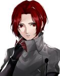  1boy absurdres black_gloves forehead gloves grey_jacket highres jacket looking_at_viewer male_focus parted_bangs parted_lips persona persona_5 persona_5:_the_phantom_x pertex_777 red_eyes red_gloves red_hair short_hair simple_background solo two-tone_gloves white_background wonder_(p5x) 