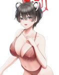  1girl absurdres animal_ears bikini black_hair blue_archive blush breasts cleavage collarbone commentary grey_eyes halo highres looking_at_viewer merrick navel open_mouth red_bikini revision short_hair simple_background solo stomach sweat swimsuit tsubaki_(blue_archive) white_background 