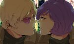  2boys black_shirt blonde_hair brown_jacket char_aznable close-up closed_eyes colored_eyelashes commentary face-to-face from_side garma_zabi gundam imminent_kiss itsmefool jacket looking_at_another male_focus mobile_suit_gundam mobile_suit_gundam_the_origin multiple_boys parted_lips profile purple-tinted_eyewear purple_hair shirt short_hair sunglasses tinted_eyewear yaoi yellow_eyes 