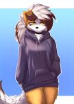  anthro bottomless clothed clothing dusk_lycanroc female fur generation_7_pokemon hi_res hoodie hoodie_only lycanroc nintendo pokemon pokemon_(species) shirsha simple_background solo topwear topwear_only yellow_body yellow_eyes yellow_fur 