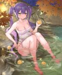  1girl breasts cleavage collarbone commentary_request crystal_shoujo food fruit green_eyes highres holding holding_food holding_fruit hololive large_breasts leaf long_hair looking_at_viewer maple_leaf multicolored_hair naked_towel onsen orange_(fruit) parted_lips partially_submerged pink_hair purple_hair sitting solo streaked_hair tokoyami_towa towel twintails virtual_youtuber water wet 