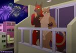  absurd_res animal_genitalia anthro balcony blaze_wolf canid canine canis domestic_cat duo felid feline felis fireworks fully_sheathed genitals hand_around_waist hands_behind_head hi_res jesse_cat male male/male mammal nude palmarianfire penis penis_tip public public_nudity sheath wolf 