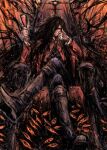  1boy alucard_(hellsing) black_hair coat crossed_legs cup drinking_glass gloves hellsing holding long_hair looking_at_viewer male_focus moto_murabito necktie official_style parody red_eyes sitting solo style_parody throne vampire white_gloves wine_glass 