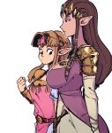  2girls blonde_hair braid breast_envy breasts brown_hair dress earrings gloves hair_ornament jewelry long_hair medium_breasts meme multiple_girls pectoral_envy_(meme) plow_(witch_parfait) pointy_ears princess_zelda simple_background the_legend_of_zelda the_legend_of_zelda:_a_link_between_worlds the_legend_of_zelda:_twilight_princess white_background 