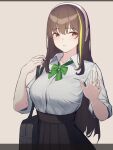  1girl 3_small_spiders bag bow bowtie brown_eyes brown_hair girls&#039;_frontline green_bow green_bowtie green_hair headphones light_brown_background long_hair looking_at_viewer m4a1_(girls&#039;_frontline) multicolored_hair pleated_skirt shirt shoulder_bag skirt streaked_hair white_shirt 