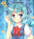  1girl blue_background blue_bow blue_dress blue_eyes blue_hair bow bowtie breasts cirno closed_mouth collared_shirt detached_wings dress hair_bow looking_at_viewer medium_breasts pinafore_dress puffy_short_sleeves puffy_sleeves red_bow red_bowtie sakurada_(bannymilk) shirt short_hair short_sleeves simple_background smile solo star_(symbol) striped striped_background touhou upper_body v-shaped_eyebrows vertical_stripes white_shirt wings 