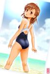 1girl arms_at_sides ass back beach black_one-piece_swimsuit blush border breasts brown_eyes brown_hair checkered_background cloud cloudy_sky cowboy_shot day dutch_angle from_behind light_smile looking_at_viewer looking_back maira_gen medium_hair misaka_mikoto one-piece_swimsuit open_hands parted_bangs parted_lips partially_submerged sideboob signature sky small_breasts solo standing sun swimsuit tan thighs toaru_kagaku_no_railgun toaru_majutsu_no_index two-tone_swimsuit water white_border 