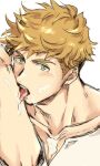  1boy bara blonde_hair blush food food_on_body food_on_face food_on_pectorals granblue_fantasy green_eyes hazama_(hazamazama) highres looking_at_viewer male_focus muscular muscular_male short_hair simple_background solo tongue tongue_out vane_(granblue_fantasy) white_background 