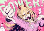  1girl blonde_hair cat chainsaw_man character_name cross-shaped_pupils dated hair_between_eyes highres horns long_hair looking_at_viewer meowy_(chainsaw_man) open_mouth pink_background pink_sweater power_(chainsaw_man) puchikun red_horns sharp_teeth smile solo_focus sparkle sweater symbol-shaped_pupils teeth thumbs_down twitter_username upper_body white_cat yellow_eyes 