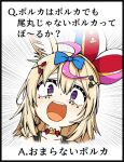  1girl ahoge animal_ear_fluff animal_ears blonde_hair blue_bow bow collarbone cropped_shoulders emphasis_lines facial_mark fox_ears fox_girl hair_between_eyes hair_bow hair_ornament hairclip hat heart heart-shaped_pupils hololive jester_cap light_blush long_hair looking_at_viewer mashio multicolored_hair omaru_polka omaru_polka_(1st_costume) open_mouth pink_hair purple_eyes simple_background smile solo streaked_hair symbol-shaped_pupils teeth tilted_headwear translation_request upper_teeth_only virtual_youtuber white_background x_hair_ornament 
