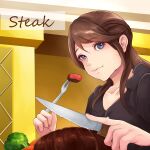  1girl :t black_shirt blue_eyes blush broccoli brown_hair carrot cheek_bulge chewing closed_mouth collarbone commentary_request eating english_text food food_name fork highres holding holding_fork holding_knife indoors knife light_blush long_hair looking_at_viewer original shirt sidelocks solo steak upper_body yuki00yo 