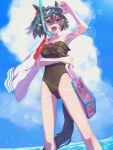  1girl :d alternate_costume animal_ears aona_(gummy_um) bag bare_shoulders black_one-piece_swimsuit blush breasts from_below goggles goggles_on_head hair_between_eyes horse_ears horse_girl horse_tail katsuragi_ace_(umamusume) medium_breasts one-piece_swimsuit smile snorkel solo swimsuit tail transparent_bag umamusume 