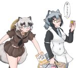  2girls animal_ears bandaid bandaid_on_face bandaid_on_nose bare_arms behind_another black_hair black_shirt blue_eyes breast_pocket brown_shirt brown_skirt collared_shirt danzaburou-danuki_(kemono_friends) extra_ears from_side glasses green_eyes grey_background grey_hair grey_necktie groceries hair_between_eyes hand_up high_ponytail highres holding inugami_gyoubu_(kemono_friends) kemono_friends leaning_forward long_hair long_sleeves looking_at_object medium_hair microskirt multicolored_hair multiple_girls necktie open_mouth pantyhose pocket raccoon_ears raccoon_girl raccoon_tail round_eyewear sailor_collar saja_(166j357) shirt shopping shopping_basket short_sleeves simple_background skirt smile tail translation_request vest walking white_skirt white_vest wing_collar 