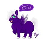  baby_talk dialogue english_text equid equine female_(lore) feral fluffy_pony fluffy_pony_(species) fur green_eyes hair hi_res mammal mayeye pegasus purple_body purple_fur signature simple_background solo text white_hair wings 