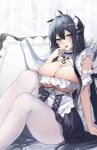  1girl azur_lane black_hair black_ribbon blush breasts choker cleavage frilled_choker frills hair_between_eyes hand_on_own_face hand_rest hand_up highres indomitable_(azur_lane) indomitable_(ms._motivationless_maid)_(azur_lane) knees_up large_breasts long_hair looking_at_viewer maid maid_headdress miniskirt official_alternate_costume open_mouth pantyhose pillow pleated_skirt ribbon sitting skirt solo tongue tongue_out twitter_username very_long_hair white_pantyhose yellow_eyes yorugami_rei 