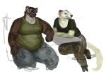  2023 anthro arm_on_table belly bottomwear brown_body brown_fur cettus clothing crossed_arms crossed_legs duo female footwear fur gulonine mammal maren_sommer mustelid musteline overweight overweight_anthro overweight_female pants shirt shoes simple_background sitting stoat tank_top topwear true_musteline weasel white_background white_body white_fur wolverine 