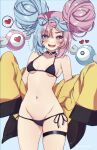  1girl :d aqua_hair big_hair bikini black_bikini black_choker blue_background blush bow-shaped_hair breasts choker collarbone commentary_request cowboy_shot double_bun flying_sweatdrops hair_bun highres iono_(pokemon) jacket looking_at_viewer multicolored_hair navel off_shoulder open_mouth pink_hair pokemon pokemon_(game) pokemon_sv popo_(popopuri) purple_eyes side-tie_bikini_bottom smile solo swimsuit teeth thigh_strap tongue two-tone_hair upper_teeth_only yellow_jacket 