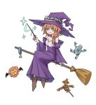  1girl aqua_eyes black_souls bow broom broom_riding brown_footwear chinese_commentary dorothy_(black_souls) dress hair_bow hair_over_shoulder hat highres looking_at_viewer off-shoulder_dress off_shoulder orange_hair parted_lips purple_dress purple_headwear purple_sleeves rabbit_king short_hair_with_long_locks smile solo wand witch witch_hat yellow_bow 