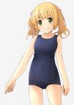  1girl ass_visible_through_thighs blonde_hair blue_one-piece_swimsuit blunt_bangs breasts collarbone commentary_request cowboy_shot flat_chest green_eyes highres medium_breasts old_school_swimsuit one-piece_swimsuit original school_swimsuit shibacha simple_background solo swimsuit twintails white_background 